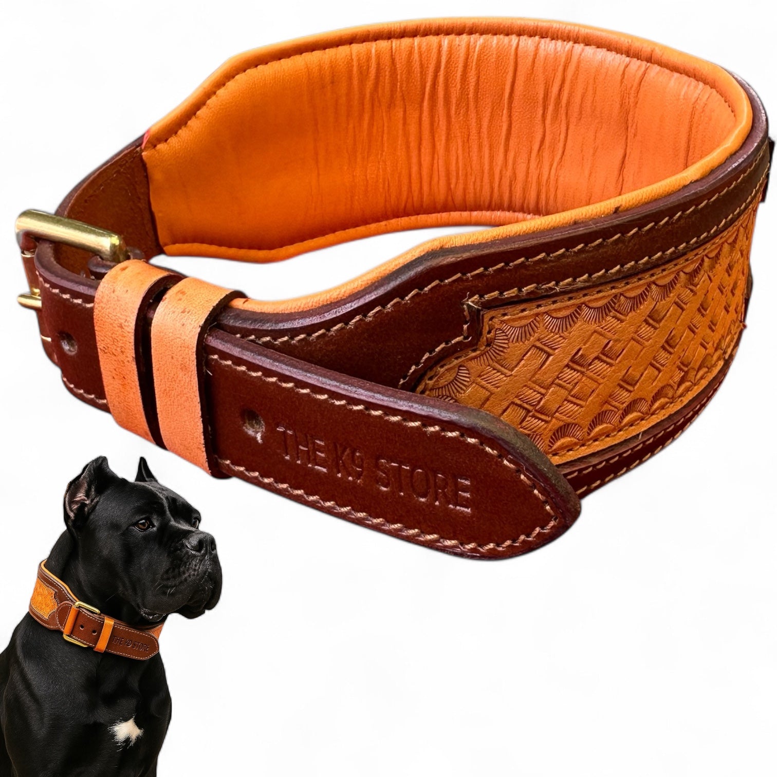 The K9 Store Artisan Leather Luxury Designer Dog Neck Collar – Handcrafted, 2.75” Wide, Premium Heavy-Duty Brass Buckle for Large Breeds