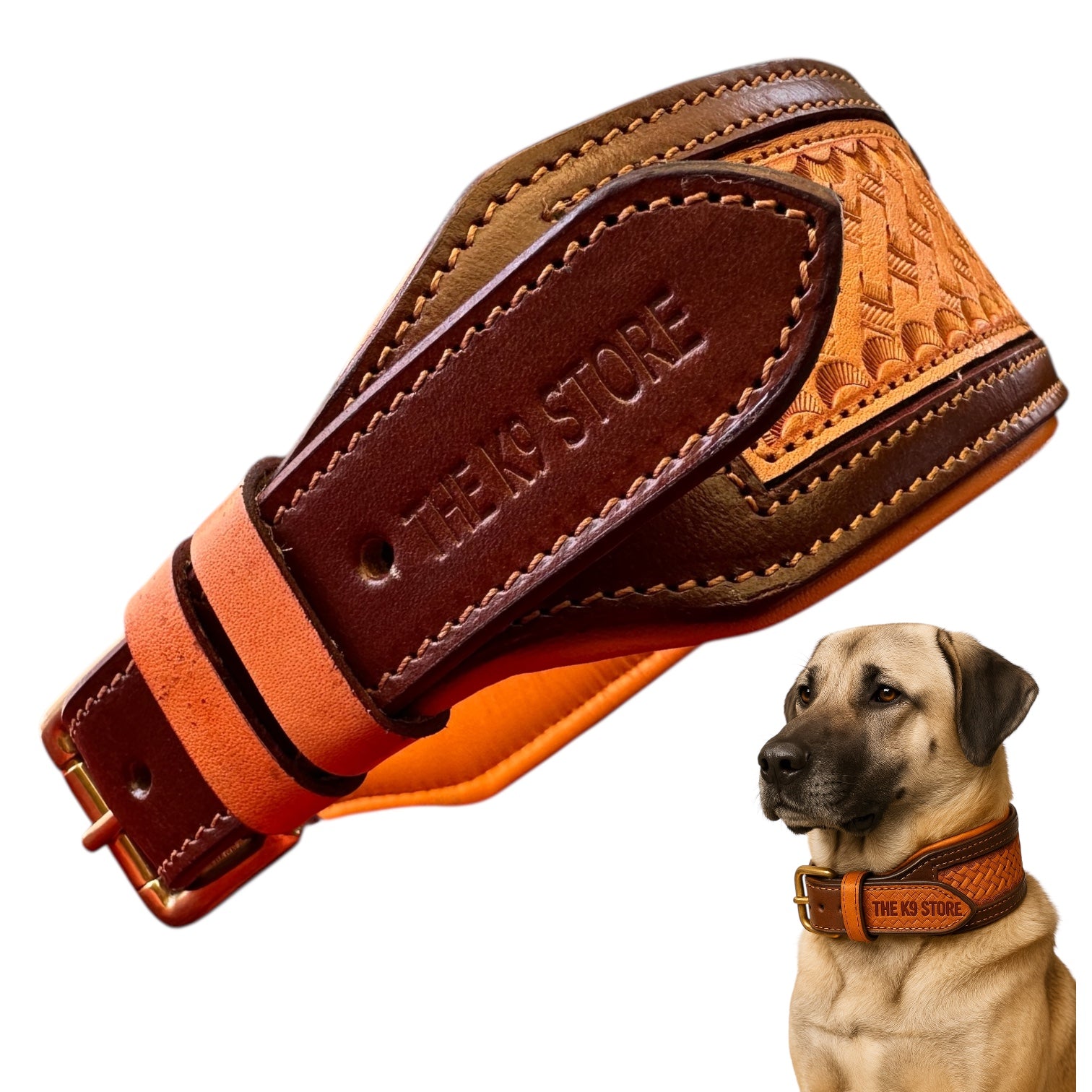 The K9 Store Artisan Leather Luxury Designer Dog Neck Collar – Handcrafted, 2.75” Wide, Premium Heavy-Duty Brass Buckle for Large Breeds