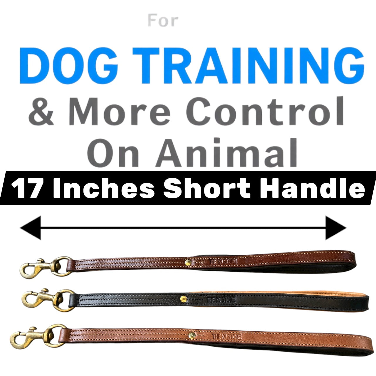 THE K9 STORE Premium 100% Genuine Leather Short Handle for Dogs | Handcrafted 17 Inch Training Leash with Brass Hook | Cushioned Grip | Heavy Duty | 3-Stitched & Hand-Entangled Designs | Tan, Black, Chocolate