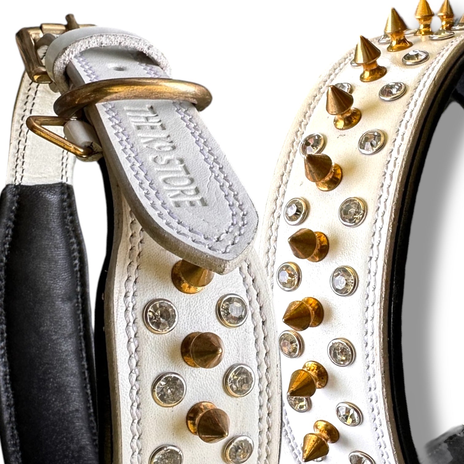 The K9 Store Premium Spiked Leather Designer Dog Collar – 100% Genuine Leather Gold Spikes with Brass Studs (Large & XL)