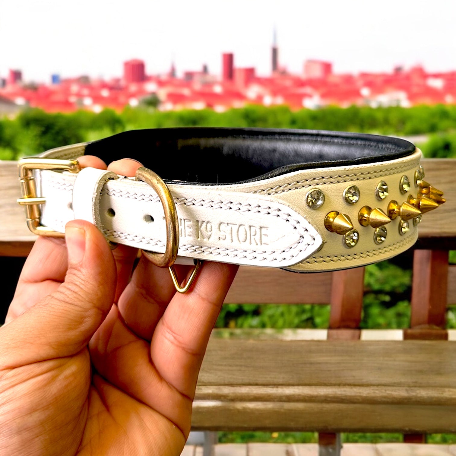 The K9 Store Premium Spiked Leather Designer Dog Collar – 100% Genuine Leather Gold Spikes with Brass Studs (Large & XL)