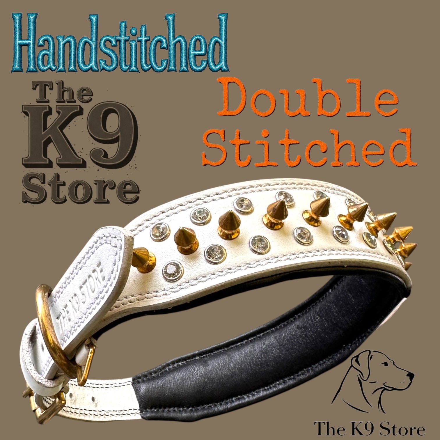 The K9 Store Premium Spiked Leather Designer Dog Collar – 100% Genuine Leather Gold Spikes with Brass Studs (Large & XL)