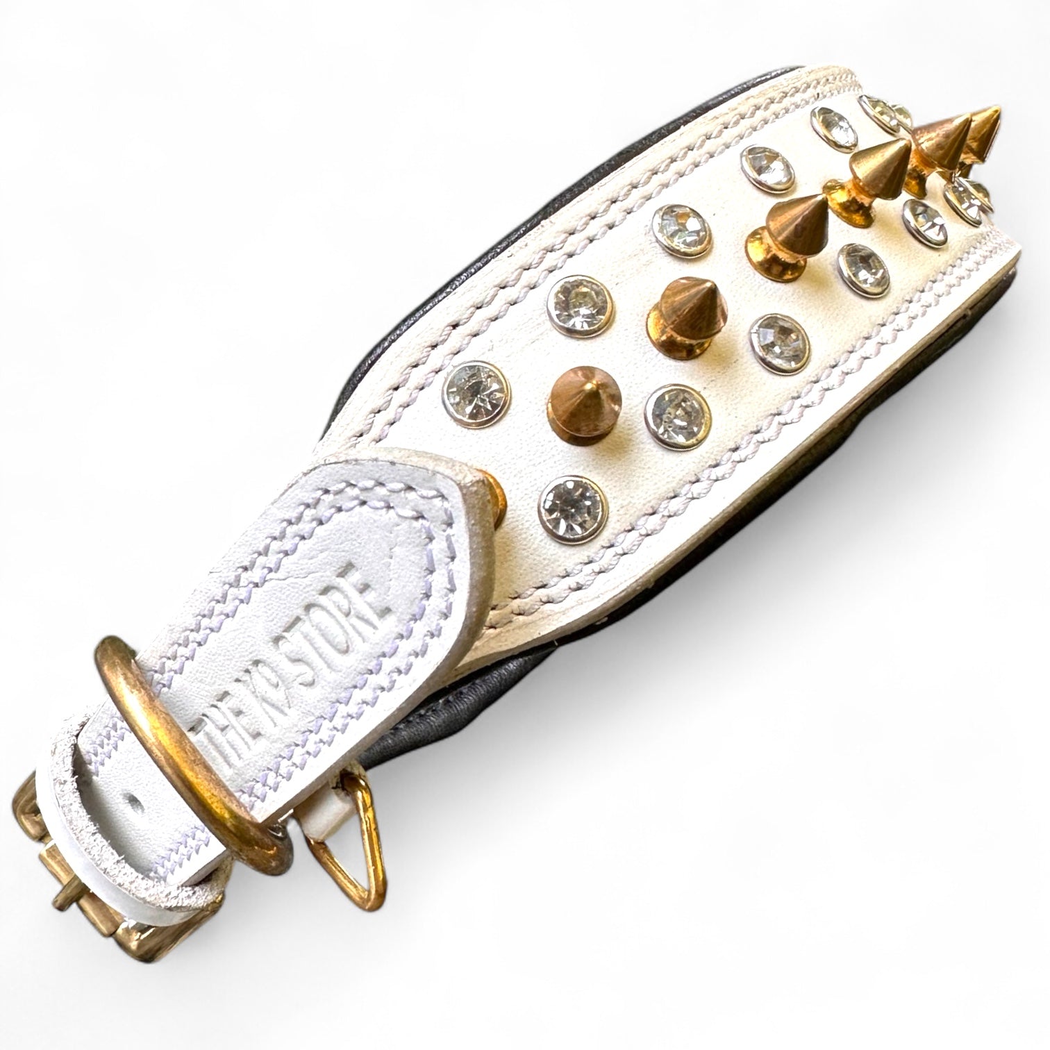 The K9 Store Premium Spiked Leather Designer Dog Collar – 100% Genuine Leather Gold Spikes with Brass Studs (Large & XL)