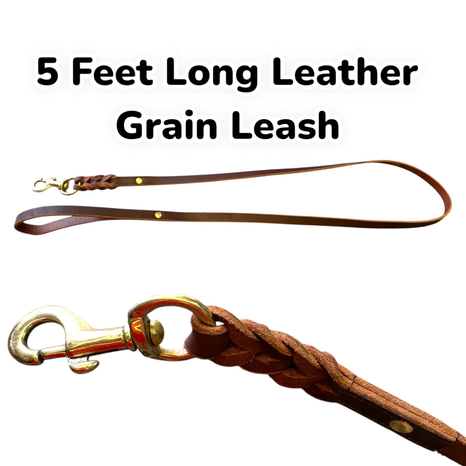 The K9 Store Premium Leather Single Handle Freebie Dog Leash, 5 Feet Long With Brass Hook For All Dog Breeds