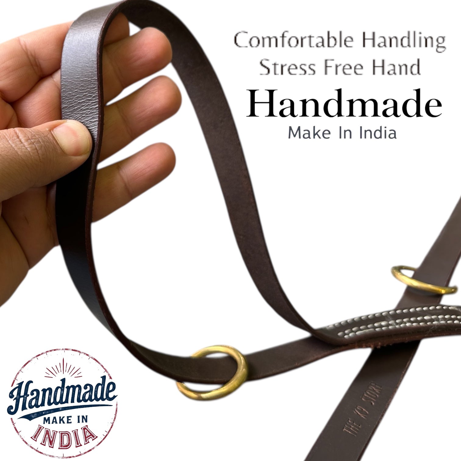 The K9 Store Premium Leather Tri-Stitched Single Handle Dog Leash, 6 Feet Long With Brass Hooks For All Dog Breeds