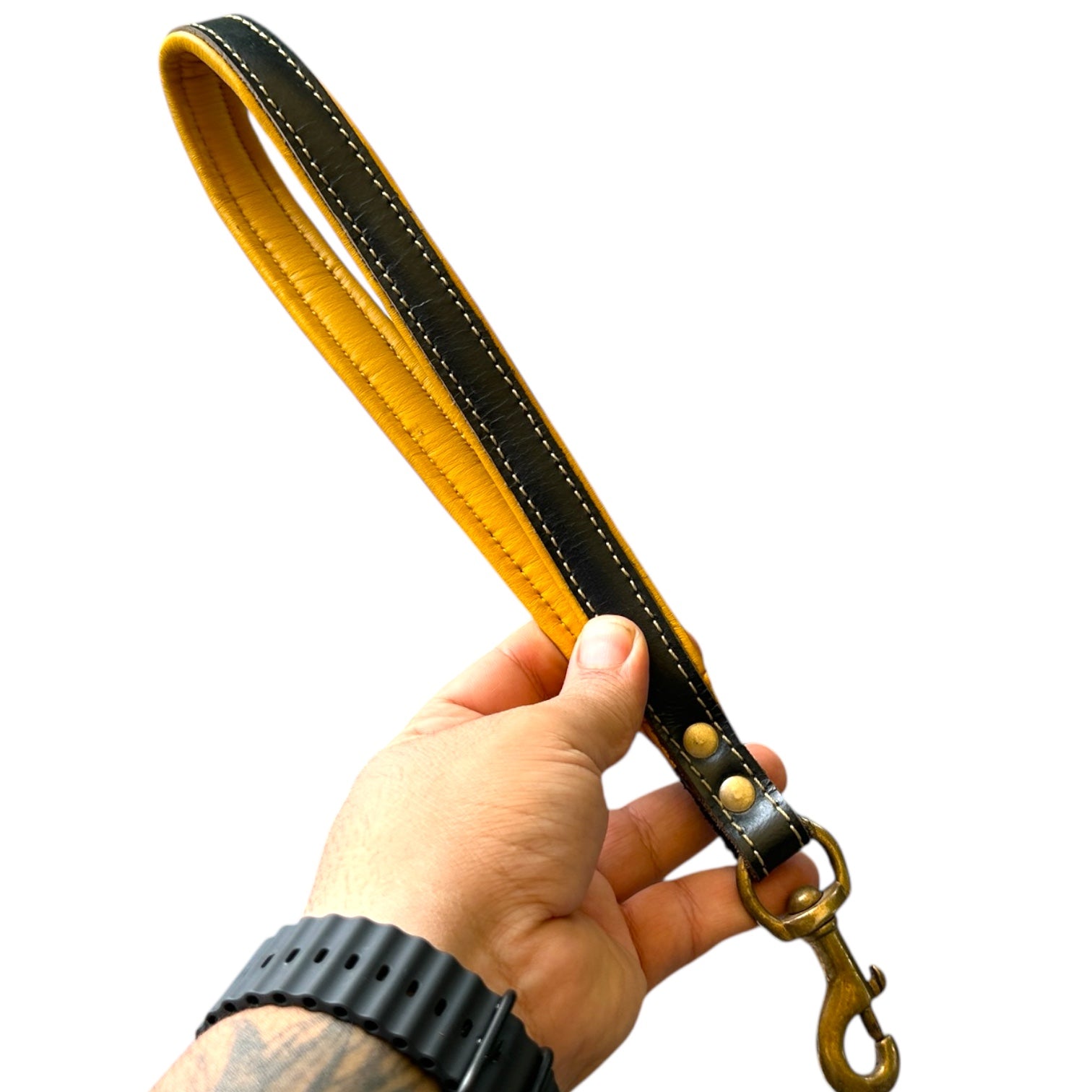 The K9 Store 15-Inch Short Handle Leather Dog Leash – Heavy Duty Traffic Lead for Training & Control With Brass Hooks