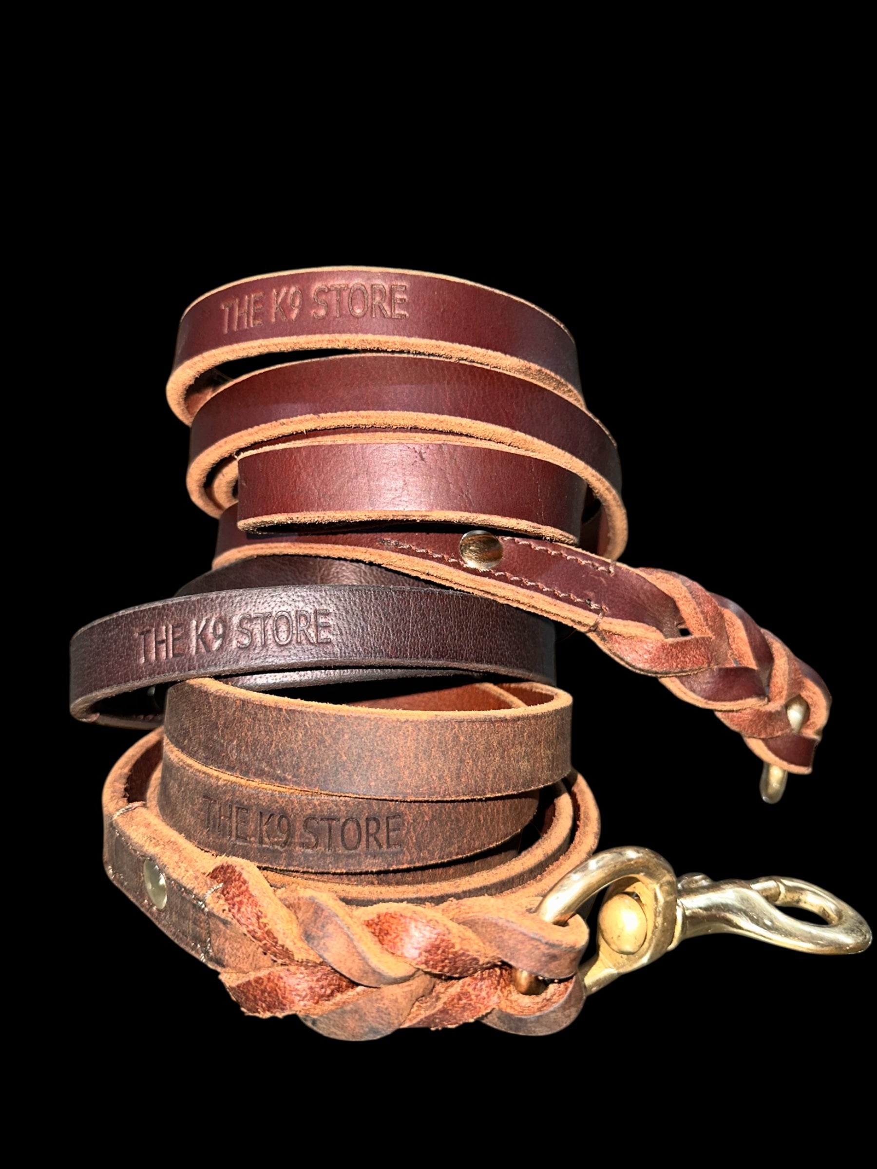 The K9 Store Premium Leather Single Handle Freebie Dog Leash, 5 Feet Long With Brass Hook For All Dog Breeds