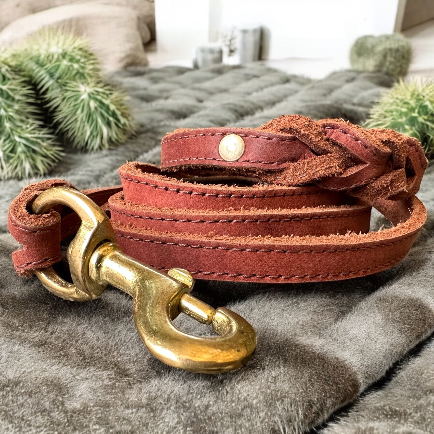 The K9 Store 8ft Long Line Handmade Leather Dog Leash – Double Handle Wavy Design with Brass Hooks