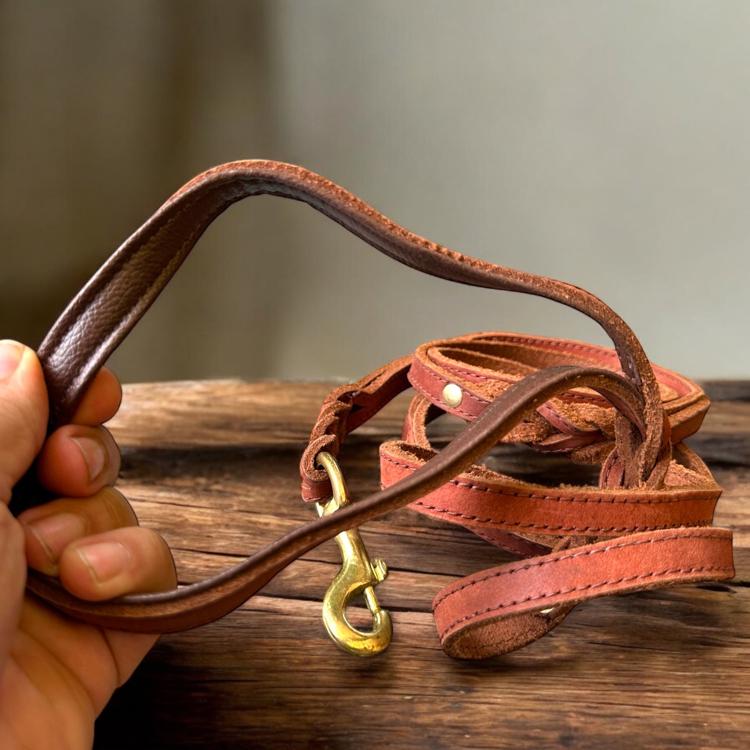 The K9 Store 8ft Long Line Handmade Leather Dog Leash – Double Handle Wavy Design with Brass Hooks