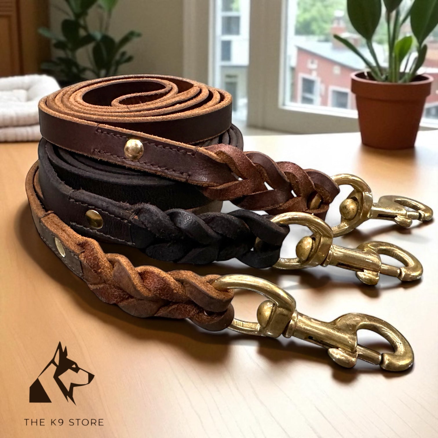 The K9 Store Premium Leather Single Handle Freebie Dog Leash, 5 Feet Long With Brass Hook For All Dog Breeds