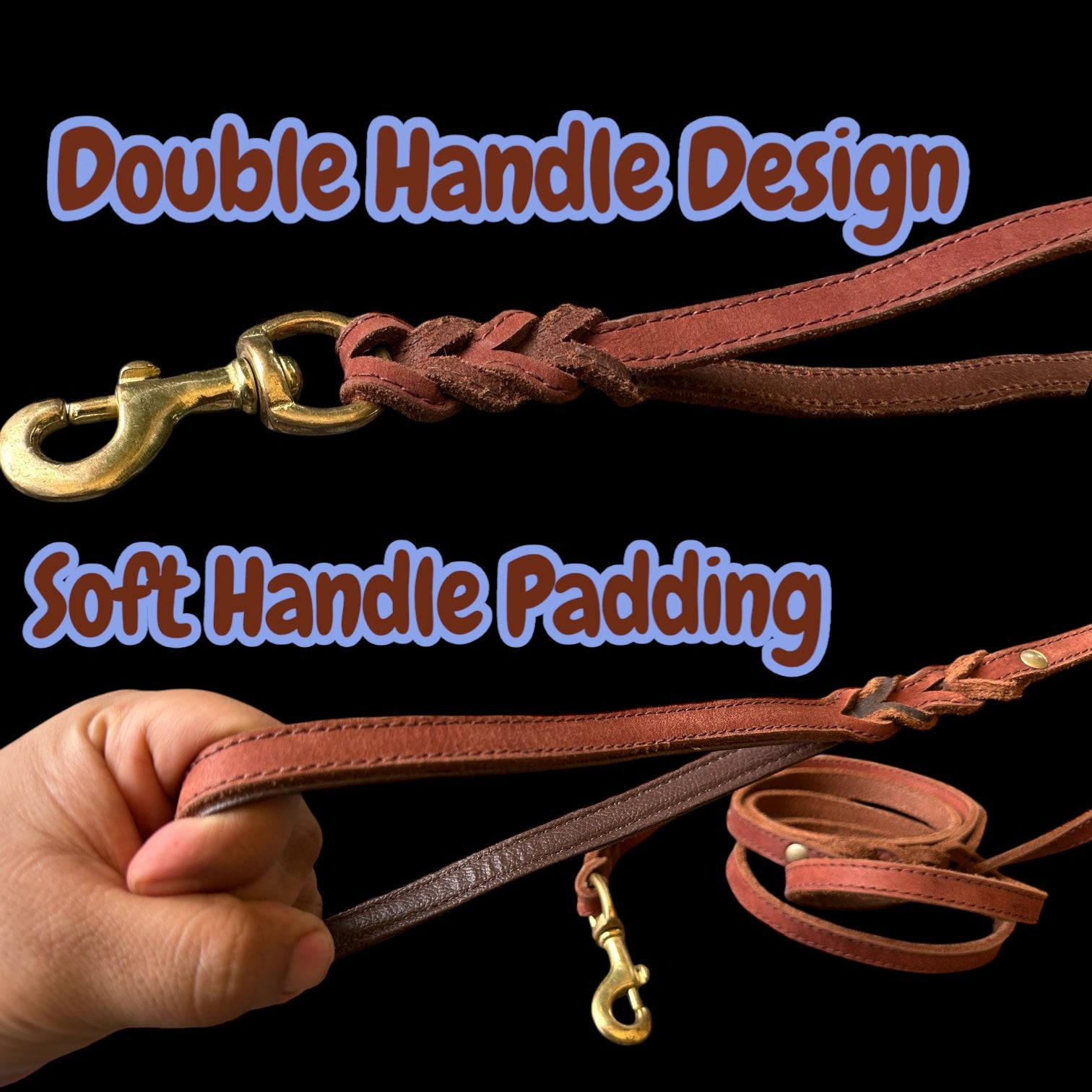 The K9 Store 8ft Long Line Handmade Leather Dog Leash – Double Handle Wavy Design with Brass Hooks