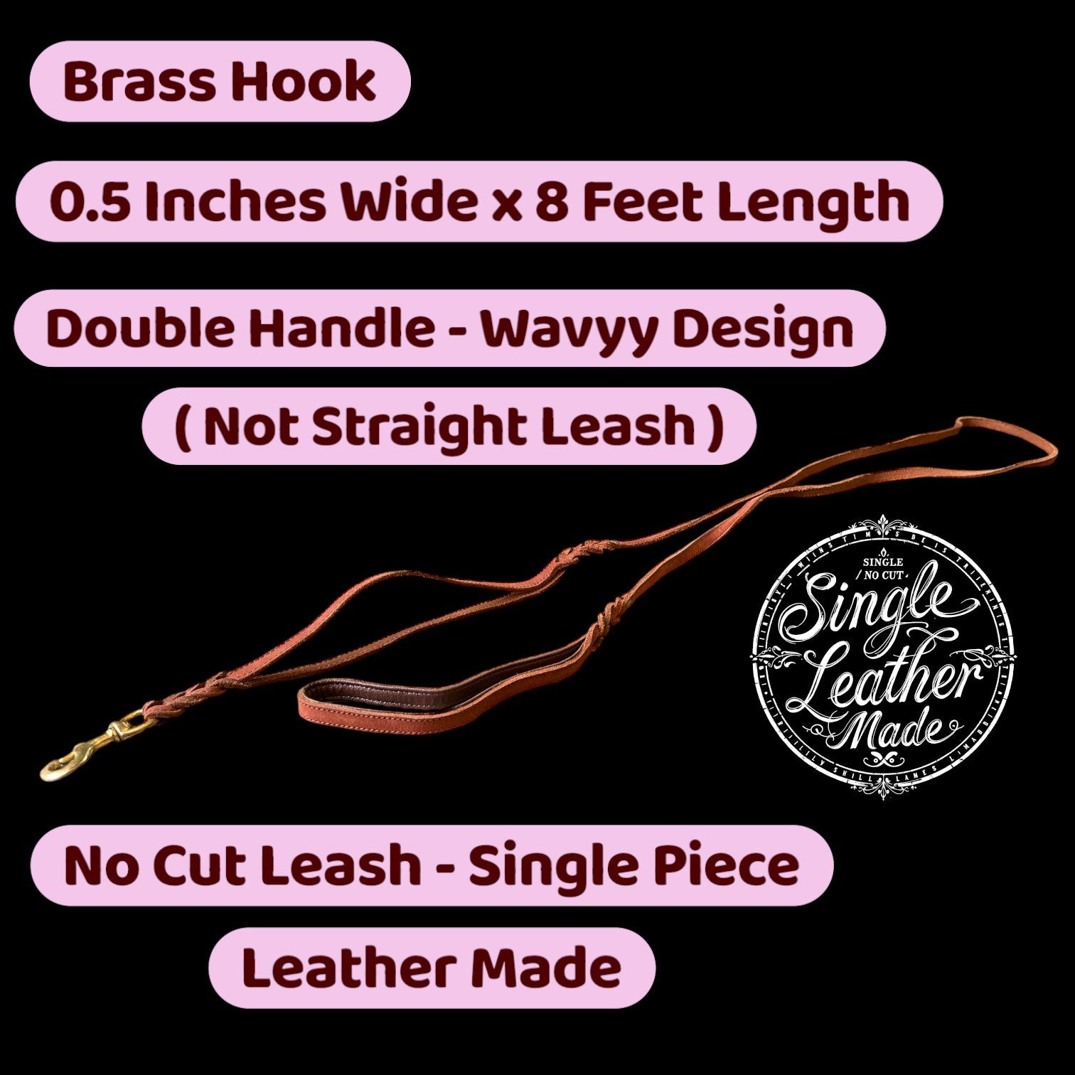 The K9 Store 8ft Long Line Handmade Leather Dog Leash – Double Handle Wavy Design with Brass Hooks
