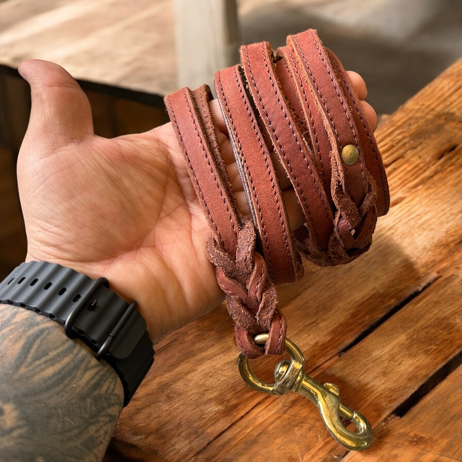 The K9 Store 8ft Long Line Handmade Leather Dog Leash – Double Handle Wavy Design with Brass Hooks