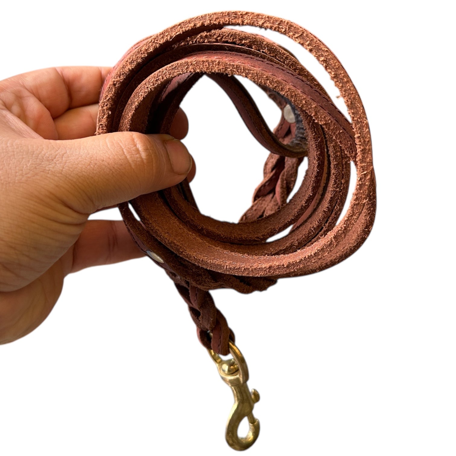 The K9 Store 8ft Long Line Handmade Leather Dog Leash – Double Handle Wavy Design with Brass Hooks