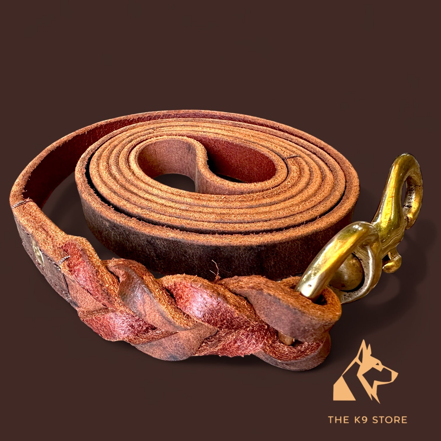 The K9 Store Premium Leather Single Handle Freebie Dog Leash, 5 Feet Long With Brass Hook For All Dog Breeds