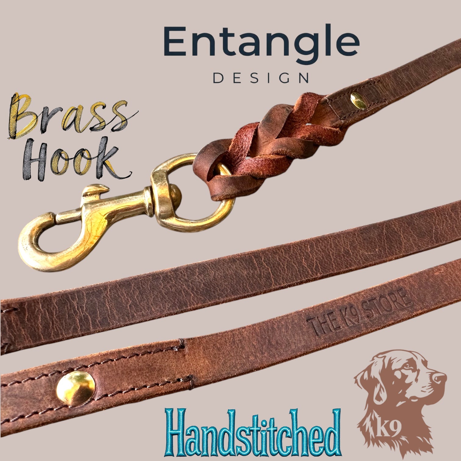 The K9 Store Premium Leather Single Handle Freebie Dog Leash, 5 Feet Long With Brass Hook For All Dog Breeds