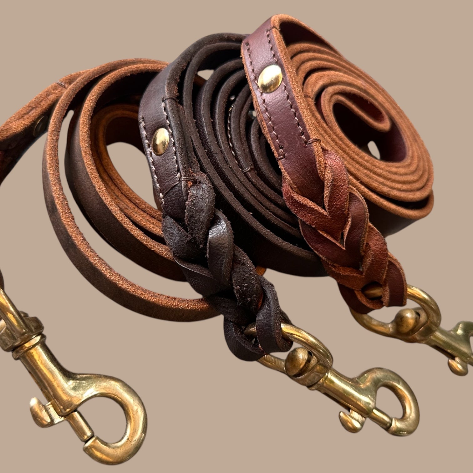 The K9 Store Premium Leather Single Handle Freebie Dog Leash, 5 Feet Long With Brass Hook For All Dog Breeds