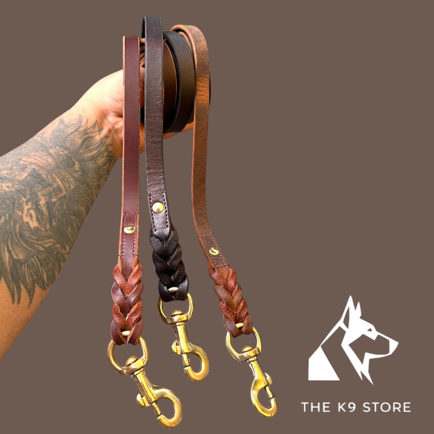 The K9 Store Premium Leather Single Handle Freebie Dog Leash, 5 Feet Long With Brass Hook For All Dog Breeds
