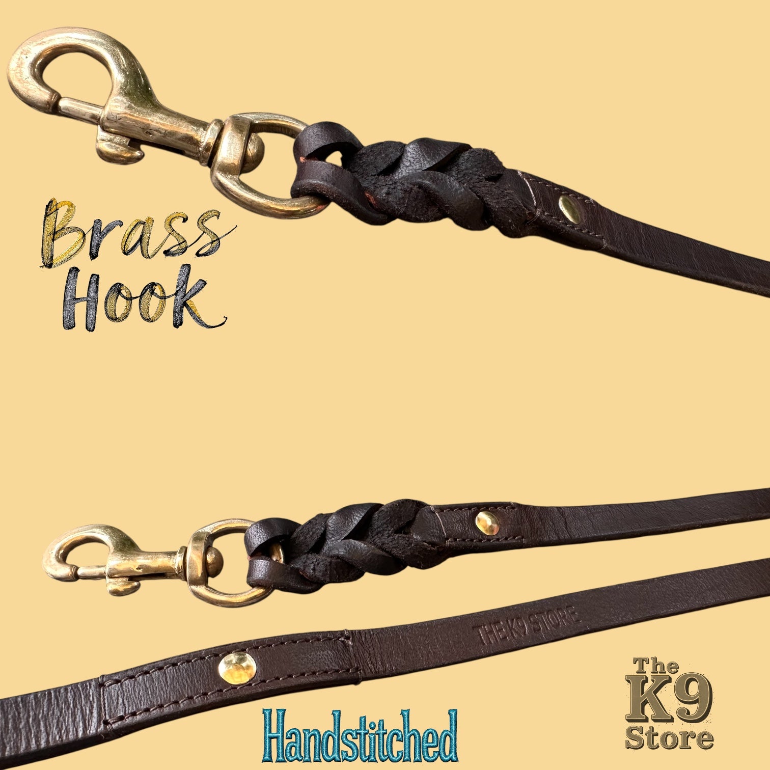 The K9 Store Premium Leather Single Handle Freebie Dog Leash, 5 Feet Long With Brass Hook For All Dog Breeds