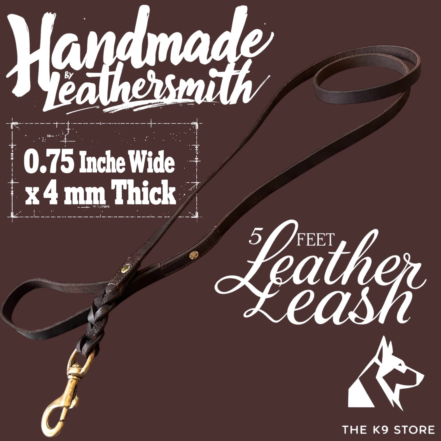 The K9 Store Premium Leather Single Handle Freebie Dog Leash, 5 Feet Long With Brass Hook For All Dog Breeds