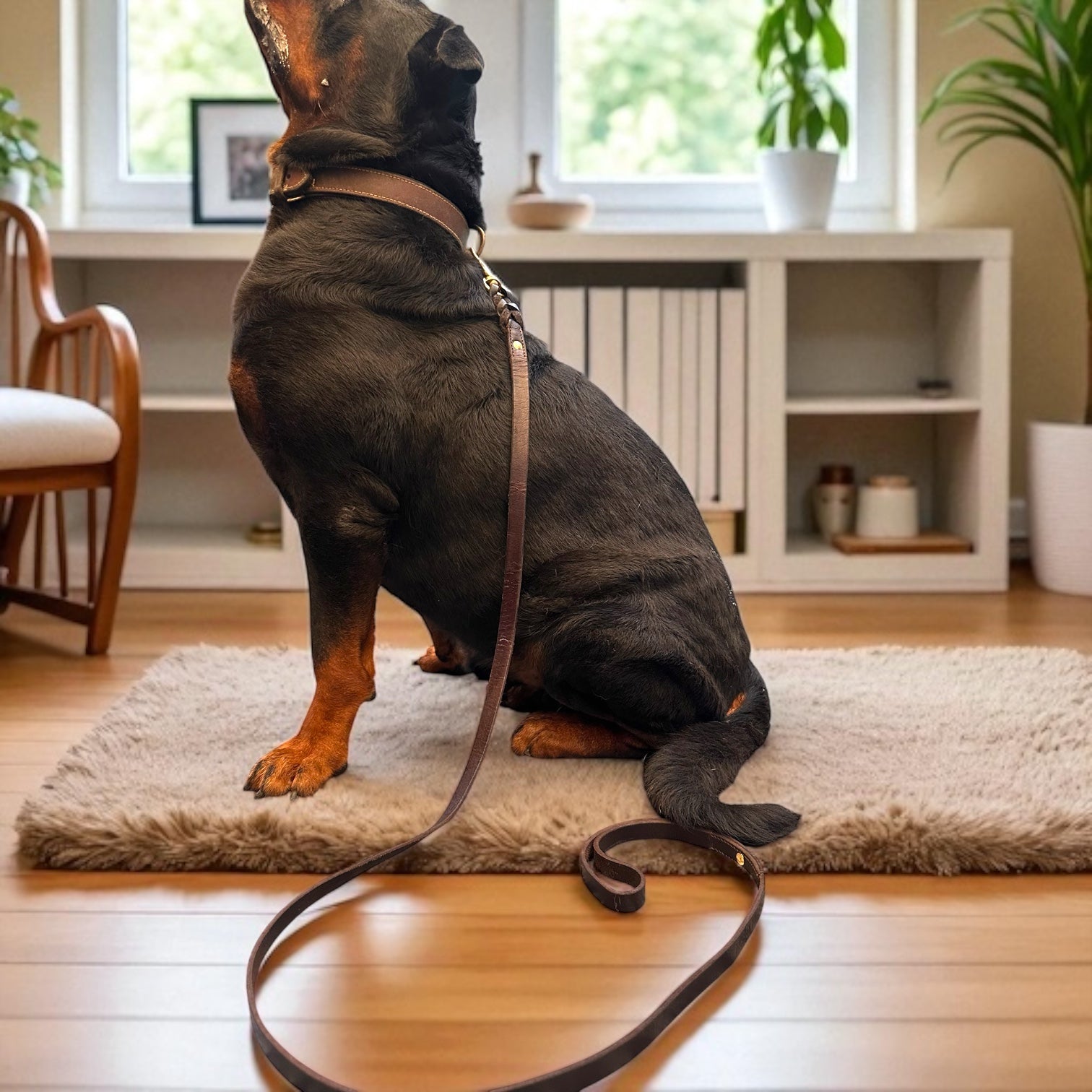 The K9 Store Premium Leather Single Handle Freebie Dog Leash, 5 Feet Long With Brass Hook For All Dog Breeds