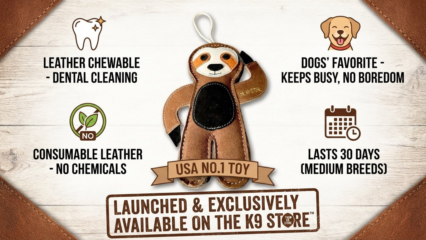 TUFF TOYS Leather Sloth Chew Toy for Dogs | Heavy-Duty Natural Leather & Wool Dental Toy with Cotton Rope | Durable Chew Toy for Medium Dogs by THE K9 STORE