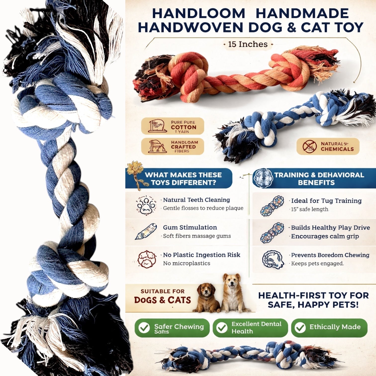 8 Inch Handloom Cotton Rope Dog Toy – Handmade Natural Chew & Tug Toy for Dogs & Cats | Plastic-Free Pet Toy