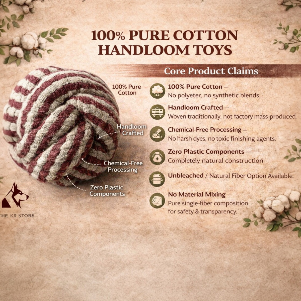 100% Pure Cotton Handloom Dog Toy - Eco-Friendly, Durable, Chemical-Free, Natural Fiber, Perfect for Tough Chewers