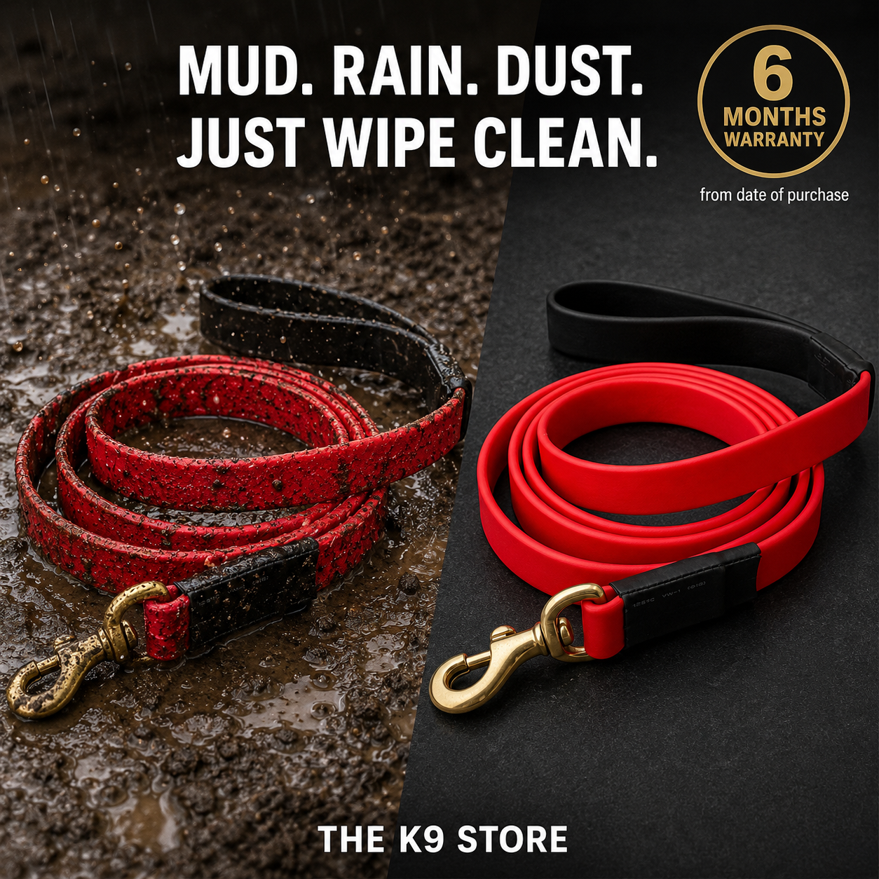 K9 Military-Grade Biothane Dog Leash | 5 Feet | 5mm Thick | Waterproof | Brass Snap Hook | Soft Padded Handle | Red & Black | 6 Month Warranty | The K9 Store