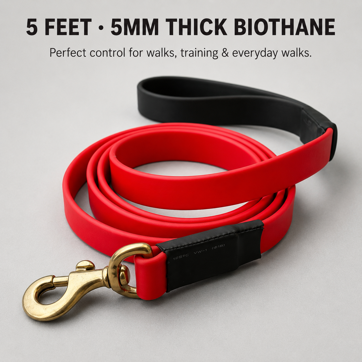 K9 Military-Grade Biothane Dog Leash | 5 Feet | 5mm Thick | Waterproof | Brass Snap Hook | Soft Padded Handle | Red & Black | 6 Month Warranty | The K9 Store