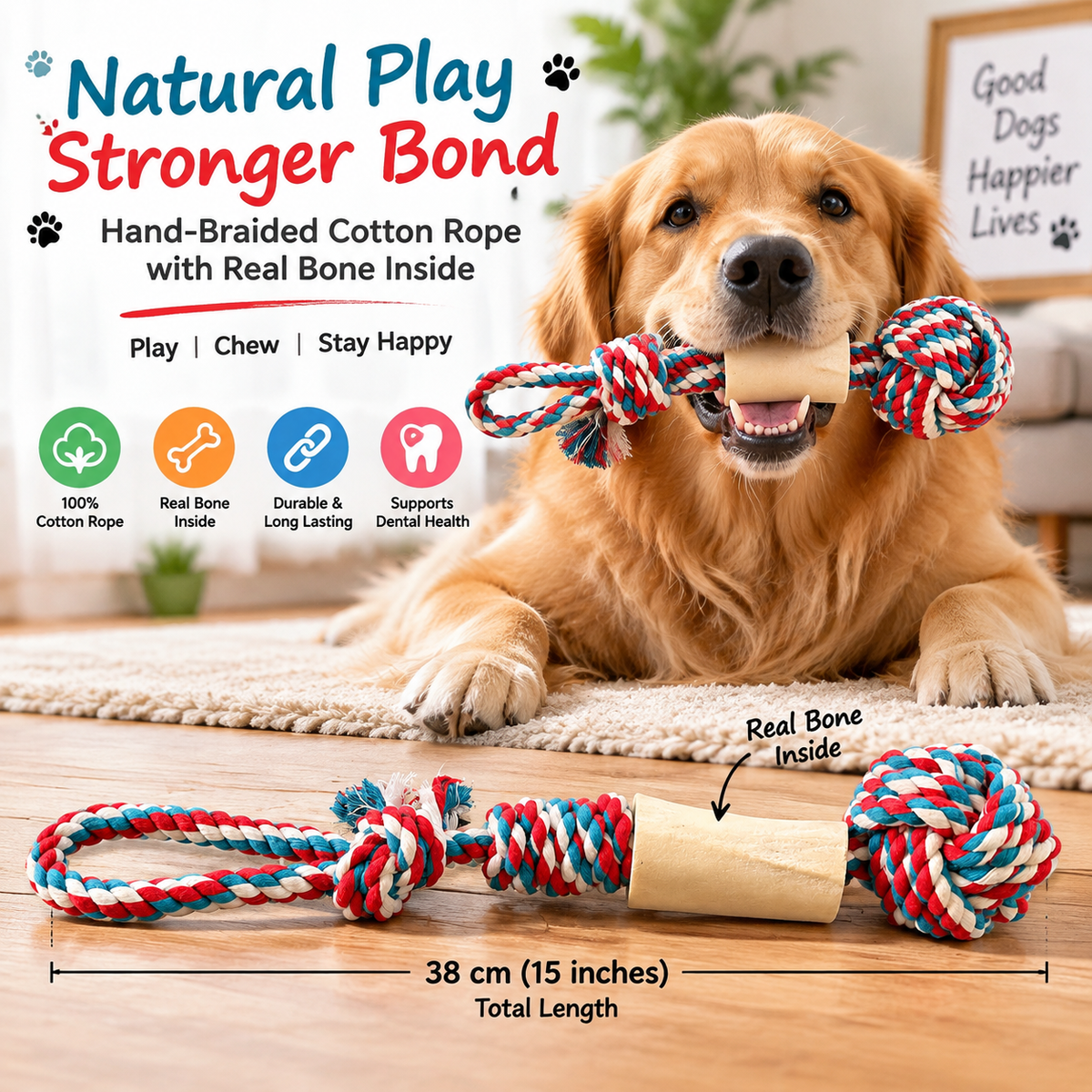 The K9 Store Hand-Braided Cotton Rope Dog Toy with Real Bone Inside – 38 cm Tug & Chew Toy