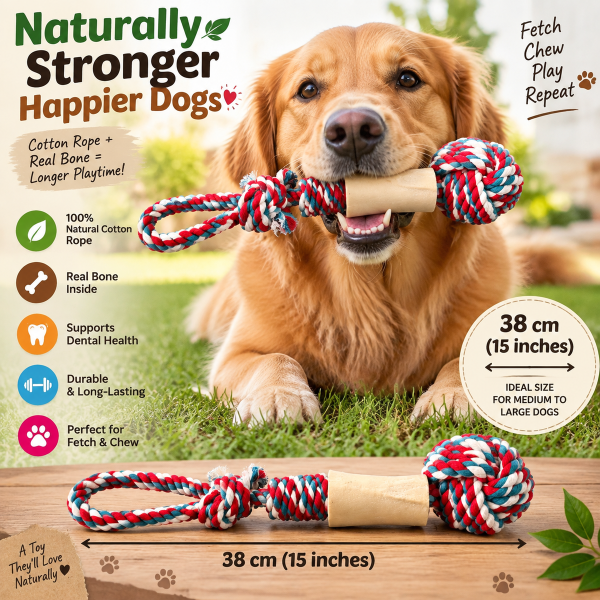The K9 Store Hand-Braided Cotton Rope Dog Toy with Real Bone Inside – 38 cm Tug & Chew Toy