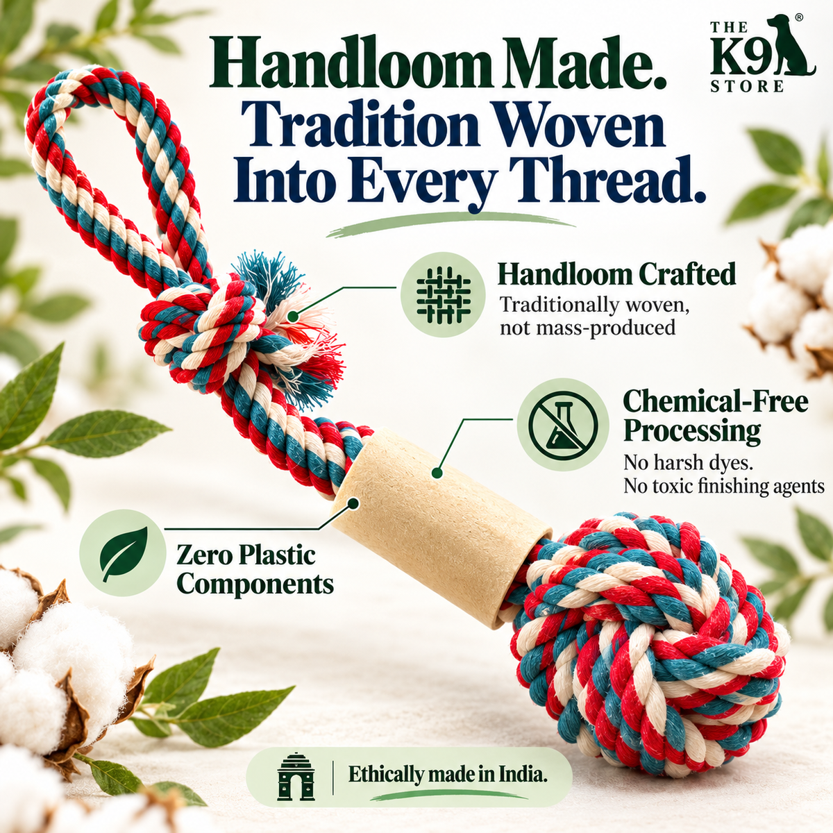 The K9 Store Hand-Braided Cotton Rope Dog Toy with Real Bone Inside – 38 cm Tug & Chew Toy