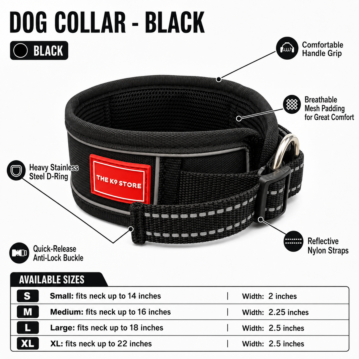 K9 Handle Mesh Dog Collar | Breathable Padded | Reflective Nylon | Handle Grip | Anti-Lock Buckle | Heavy D-Ring | Black, Blue & Red | S, M, L, XL | The K9 Store