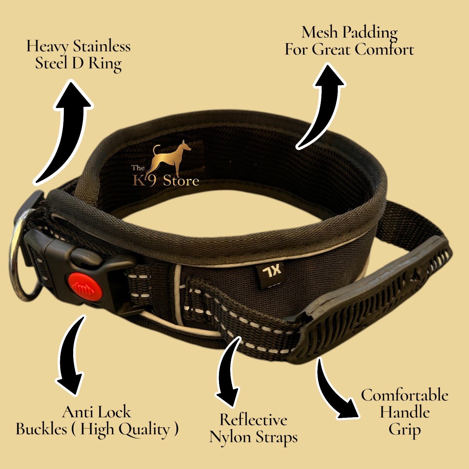 K9 Handle Mesh Dog Collar | Breathable Padded | Reflective Nylon | Handle Grip | Anti-Lock Buckle | Heavy D-Ring | Black, Blue & Red | S, M, L, XL | The K9 Store