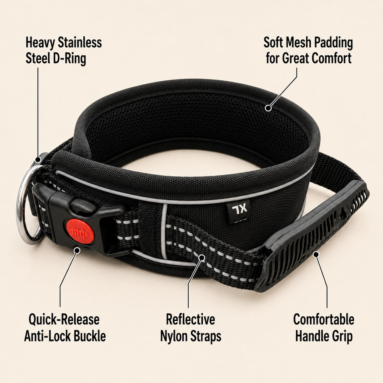 K9 Handle Mesh Dog Collar | Breathable Padded | Reflective Nylon | Handle Grip | Anti-Lock Buckle | Heavy D-Ring | Black, Blue & Red | S, M, L, XL | The K9 Store