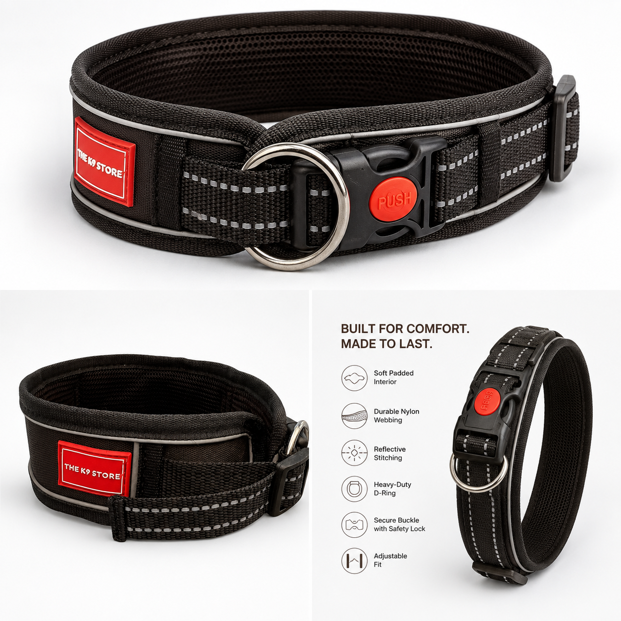K9 Handle Mesh Dog Collar | Breathable Padded | Reflective Nylon | Handle Grip | Anti-Lock Buckle | Heavy D-Ring | Black, Blue & Red | S, M, L, XL | The K9 Store
