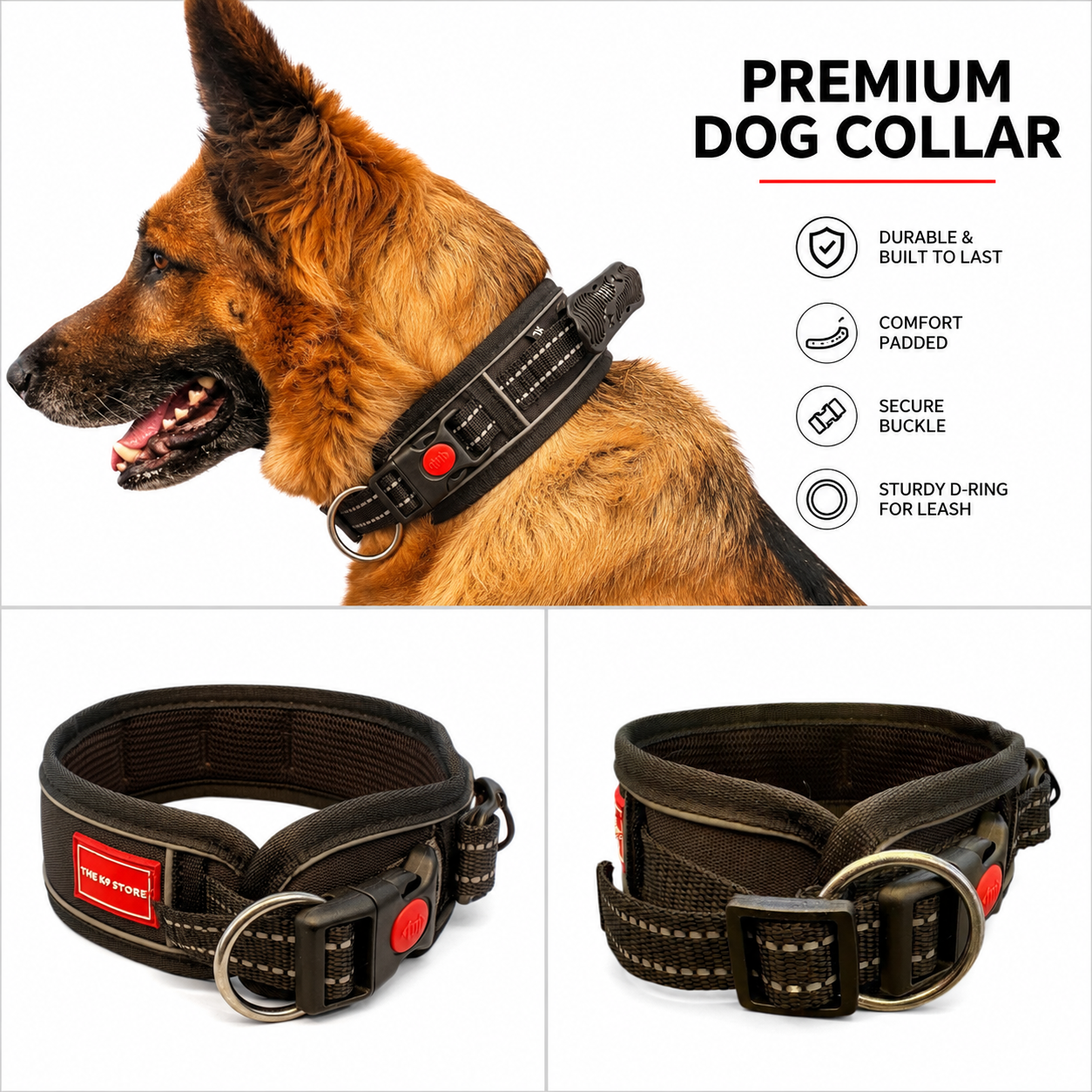 K9 Handle Mesh Dog Collar | Breathable Padded | Reflective Nylon | Handle Grip | Anti-Lock Buckle | Heavy D-Ring | Black, Blue & Red | S, M, L, XL | The K9 Store