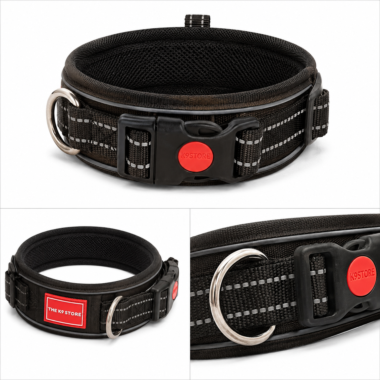 K9 Handle Mesh Dog Collar | Breathable Padded | Reflective Nylon | Handle Grip | Anti-Lock Buckle | Heavy D-Ring | Black, Blue & Red | S, M, L, XL | The K9 Store