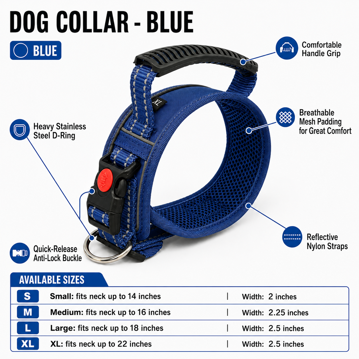 K9 Handle Mesh Dog Collar | Breathable Padded | Reflective Nylon | Handle Grip | Anti-Lock Buckle | Heavy D-Ring | Black, Blue & Red | S, M, L, XL | The K9 Store