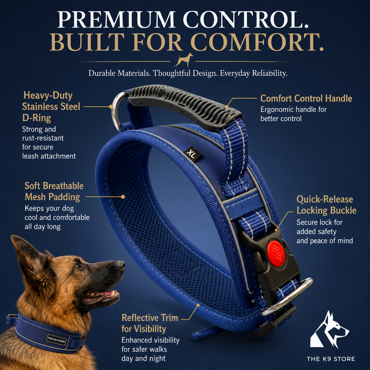 K9 Handle Mesh Dog Collar | Breathable Padded | Reflective Nylon | Handle Grip | Anti-Lock Buckle | Heavy D-Ring | Black, Blue & Red | S, M, L, XL | The K9 Store
