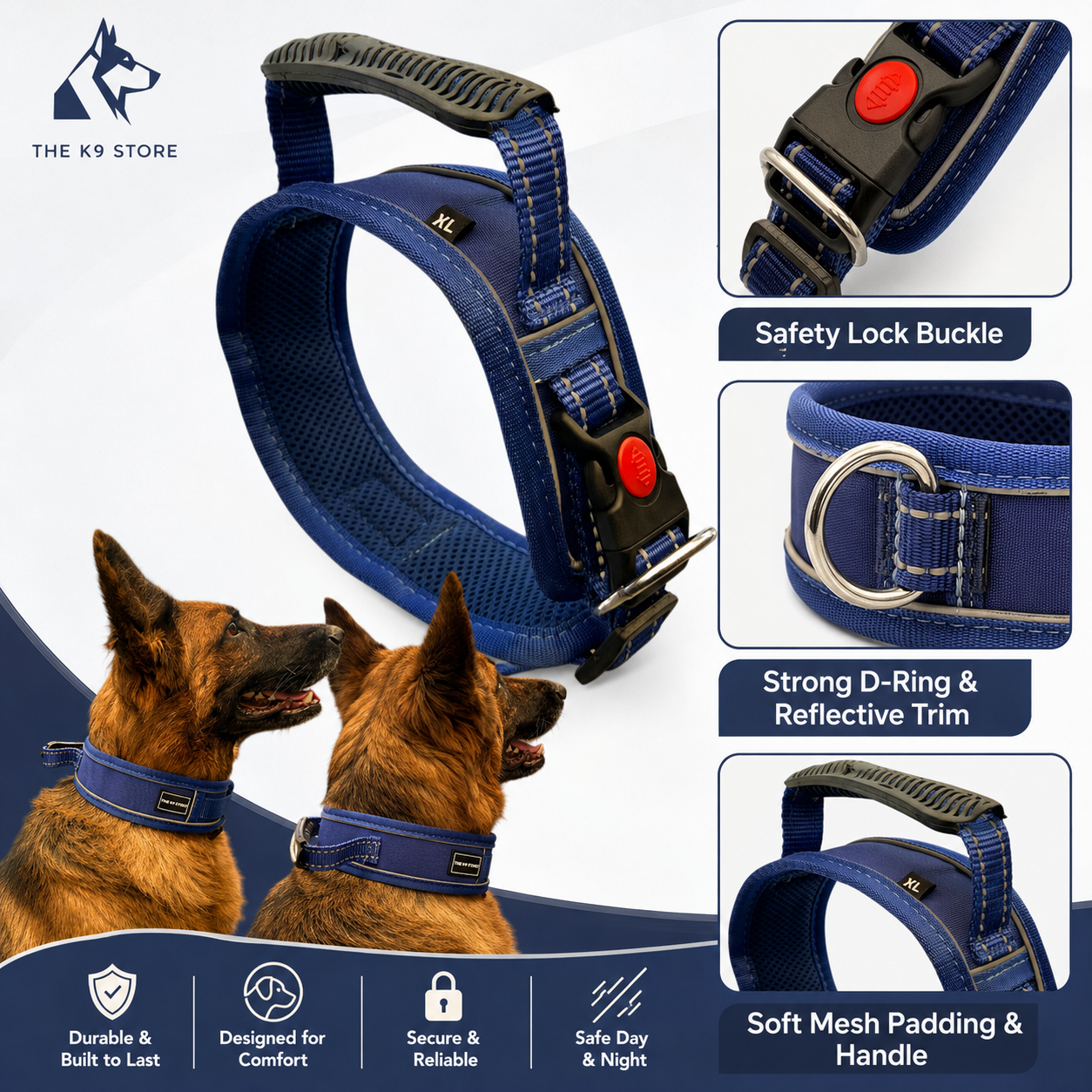 K9 Handle Mesh Dog Collar | Breathable Padded | Reflective Nylon | Handle Grip | Anti-Lock Buckle | Heavy D-Ring | Black, Blue & Red | S, M, L, XL | The K9 Store