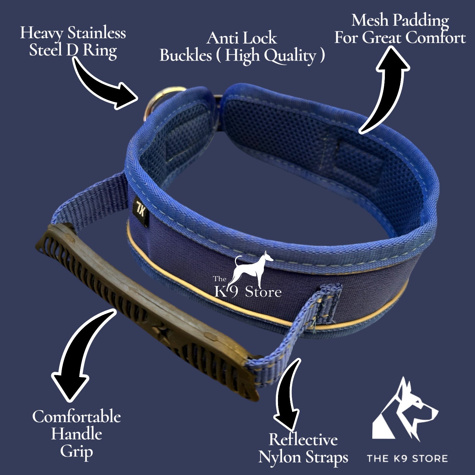 K9 Handle Mesh Dog Collar | Breathable Padded | Reflective Nylon | Handle Grip | Anti-Lock Buckle | Heavy D-Ring | Black, Blue & Red | S, M, L, XL | The K9 Store