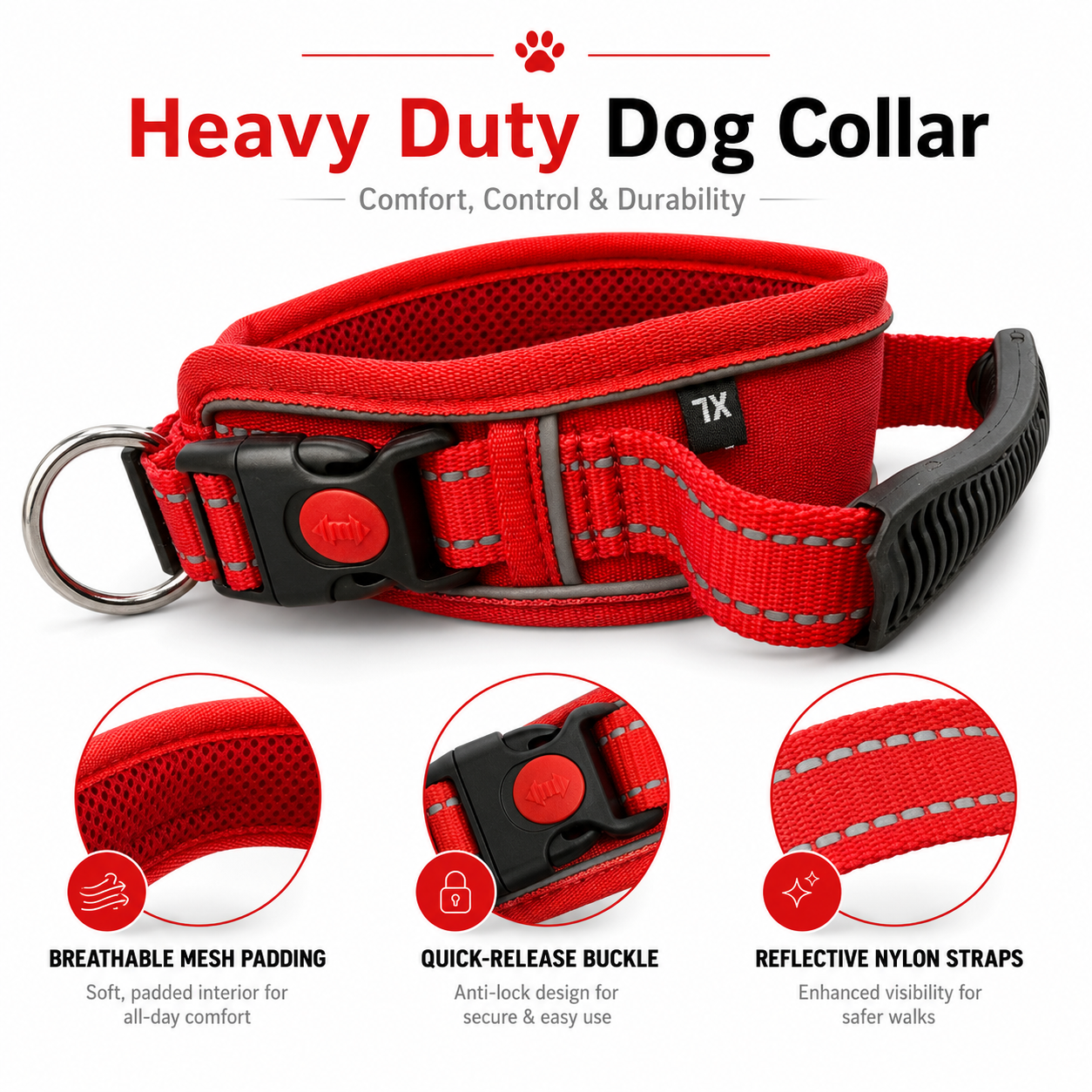 K9 Handle Mesh Dog Collar | Breathable Padded | Reflective Nylon | Handle Grip | Anti-Lock Buckle | Heavy D-Ring | Black, Blue & Red | S, M, L, XL | The K9 Store