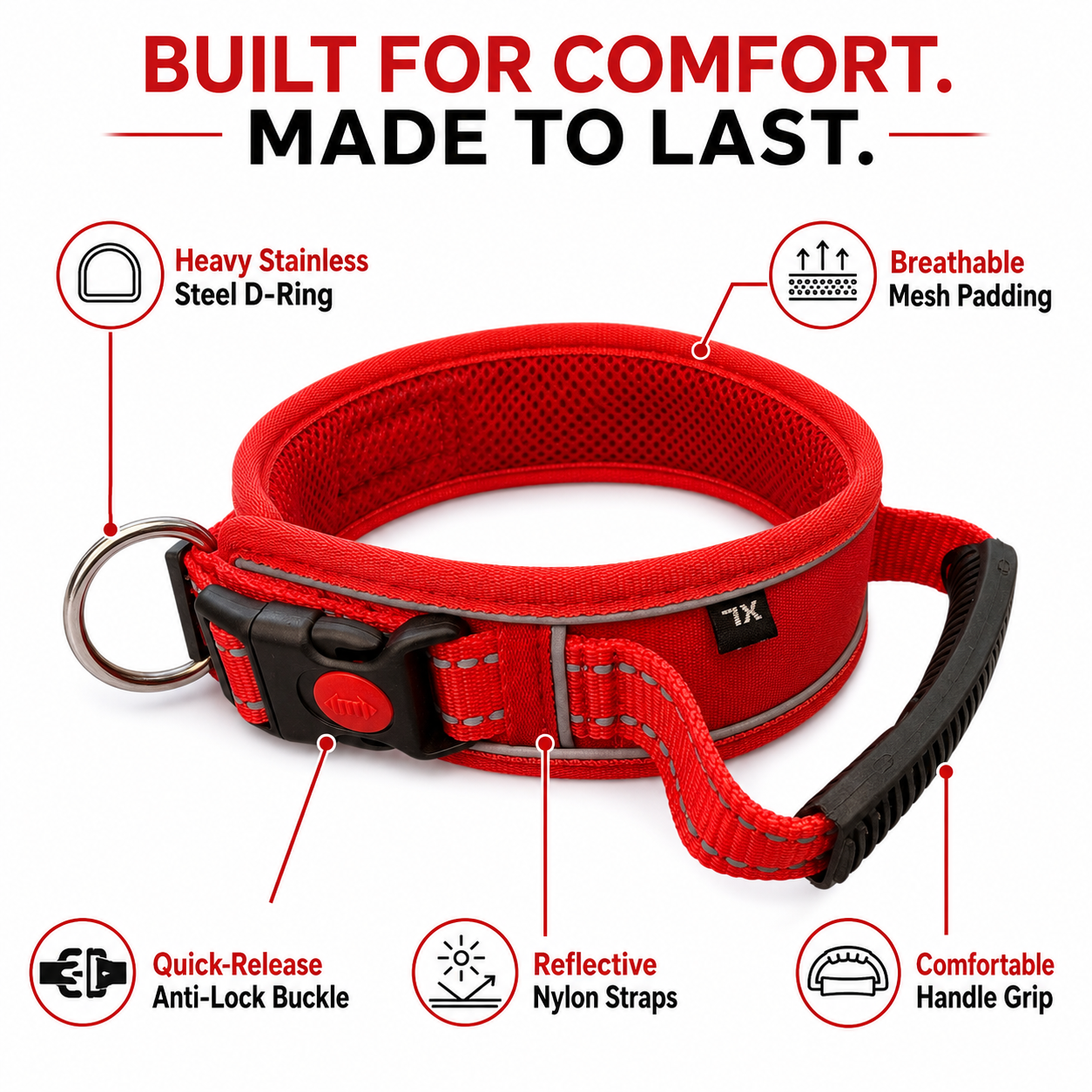 K9 Handle Mesh Dog Collar | Breathable Padded | Reflective Nylon | Handle Grip | Anti-Lock Buckle | Heavy D-Ring | Black, Blue & Red | S, M, L, XL | The K9 Store