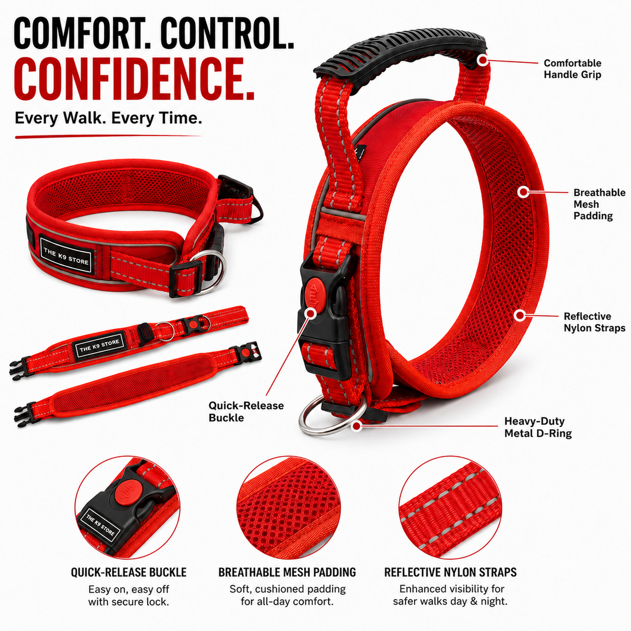 K9 Handle Mesh Dog Collar | Breathable Padded | Reflective Nylon | Handle Grip | Anti-Lock Buckle | Heavy D-Ring | Black, Blue & Red | S, M, L, XL | The K9 Store
