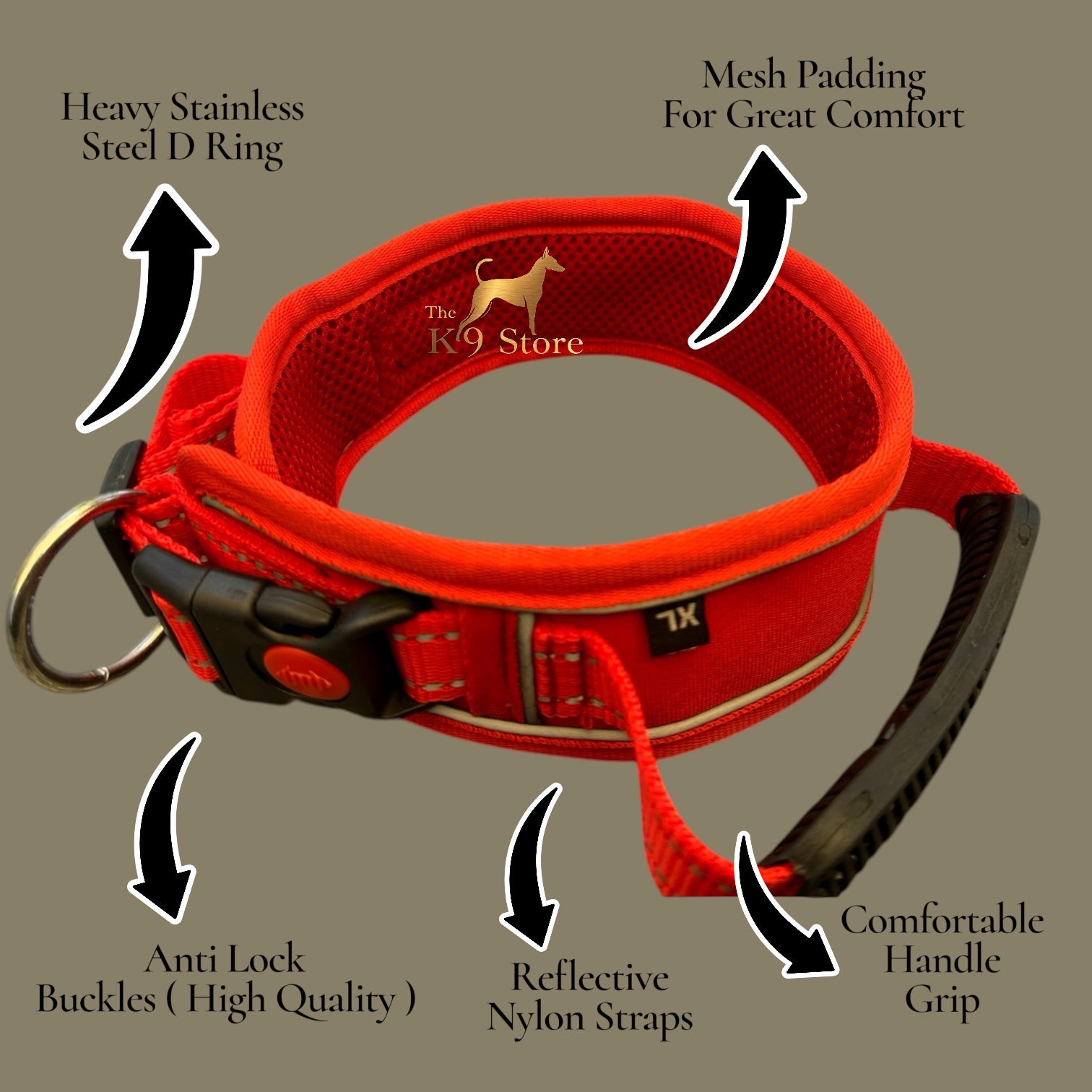 K9 Handle Mesh Dog Collar | Breathable Padded | Reflective Nylon | Handle Grip | Anti-Lock Buckle | Heavy D-Ring | Black, Blue & Red | S, M, L, XL | The K9 Store