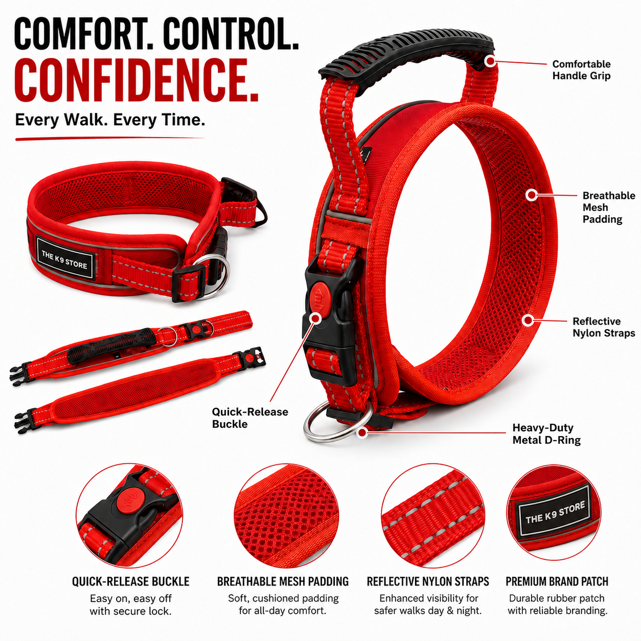 K9 Handle Mesh Dog Collar | Breathable Padded | Reflective Nylon | Handle Grip | Anti-Lock Buckle | Heavy D-Ring | Black, Blue & Red | S, M, L, XL | The K9 Store