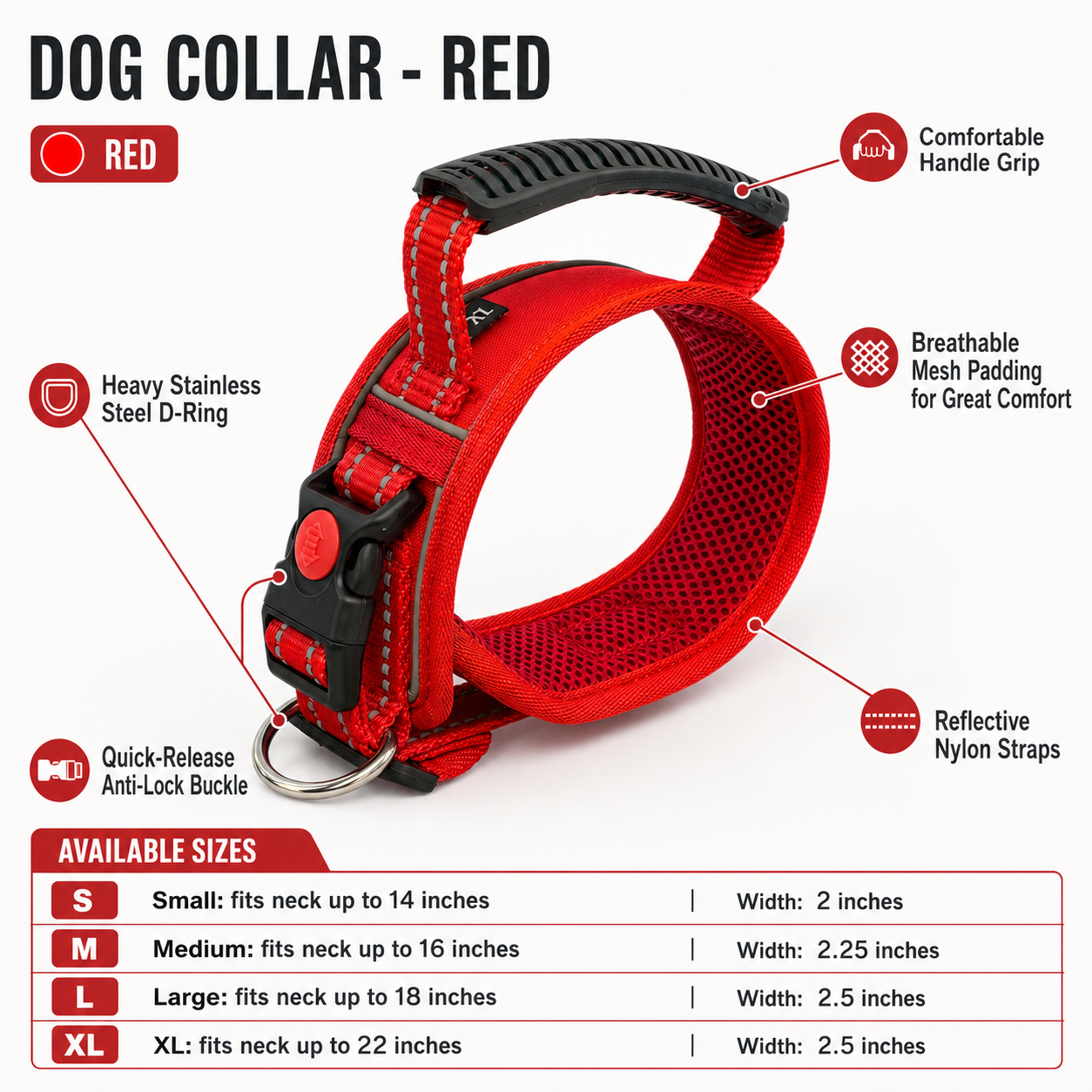 K9 Handle Mesh Dog Collar | Breathable Padded | Reflective Nylon | Handle Grip | Anti-Lock Buckle | Heavy D-Ring | Black, Blue & Red | S, M, L, XL | The K9 Store