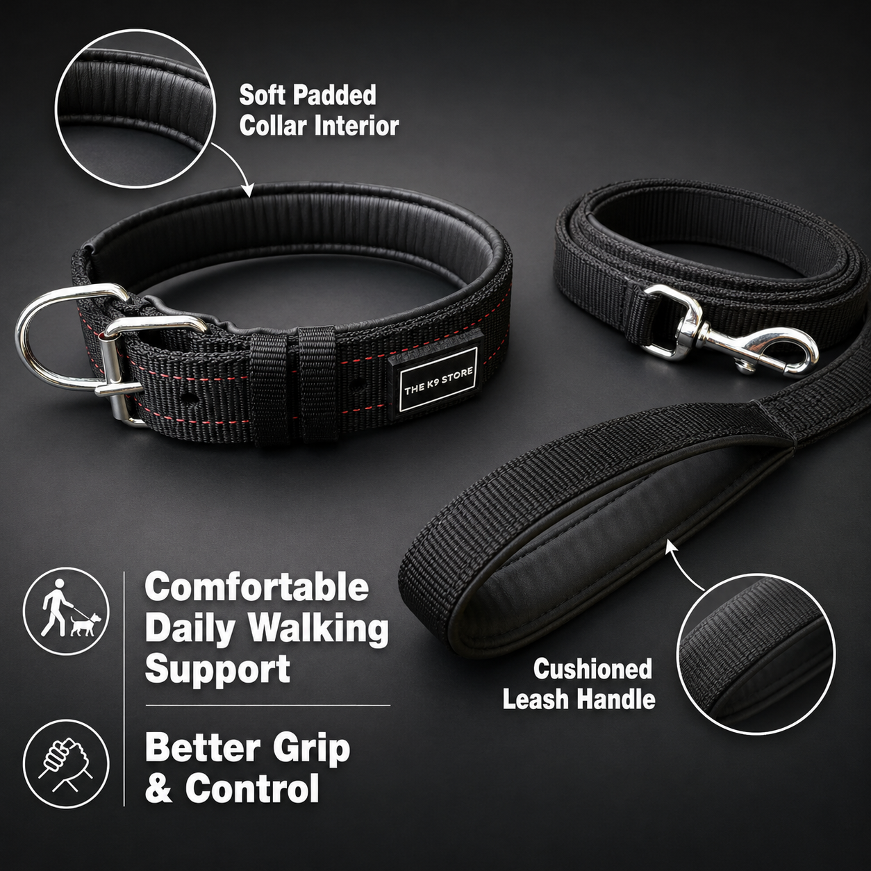 All-Weather Proof Dog Collar & Leash Combo Set | Padded PP Collar | 56 Inch Cushioned Leash | Fits 18-26 Inch Neck | Black